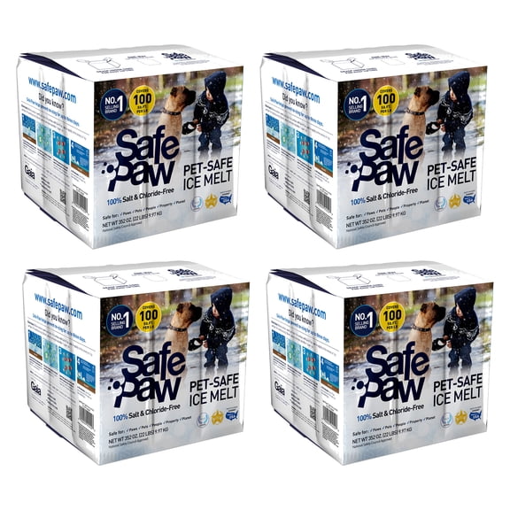 Safe Paw Pet Safe Ice Melt, 100% Salt and Chloride free with Traction Agent, Non-Toxic, Fast Acting, Lasts 3X Longer – 35 Lbs, 4 Pack