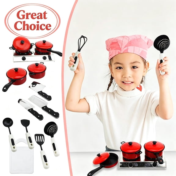 Safe Plastic Chef Role Play Toy, 13PCS Kids Pretend Kitchen Cookware Playset, Realistic Utensil Tools, Educational Learning Birthday Gift for Toddler Boys Girls Ages 3+