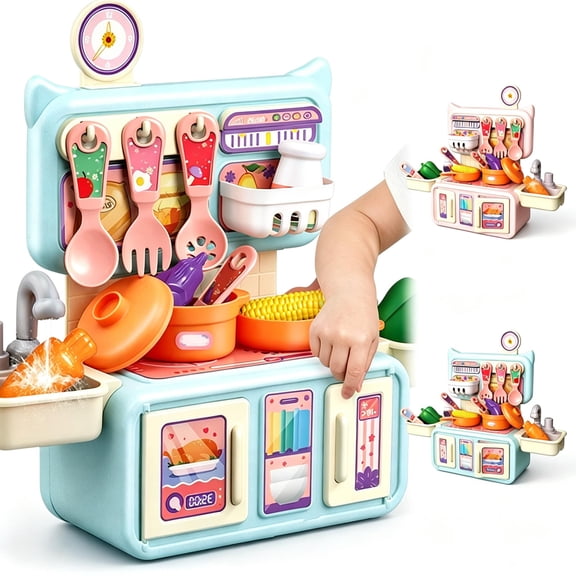Safe Plastic Chef Role Play Toy, 14PCS Kids Mini Pretend Play Kitchen Playset, Light Blue Simulation Cooking Station, Educational Birthday Gift for Toddler Boys Girls Ages 3+