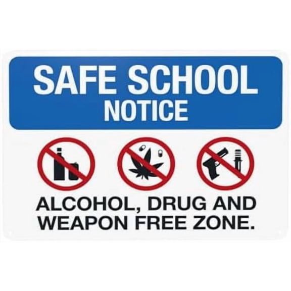 Safe School Notice And Free Zone Warning Sign, School Property Metal Signs for Home Business Garage Street Wall Caution Custom Decor 12 x 8 Inch
