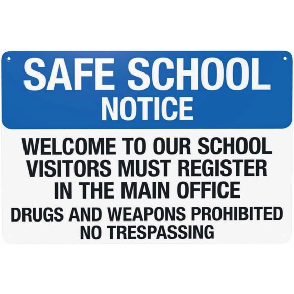 Safe School Notice Visitors Report to Office Tin Sign, Aluminum Indoor Outdoor Decor for School Property, Visitor Check-In Sign, 8x12 Inch