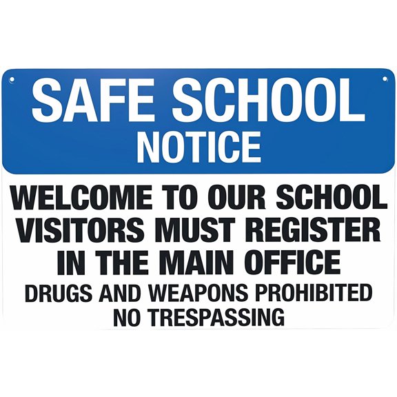 Safe School Notice Welcome Visitors Must Register Sign - 12×8 Inches, Retro Metal Caution Tin, Vintage School Property Safety Decor