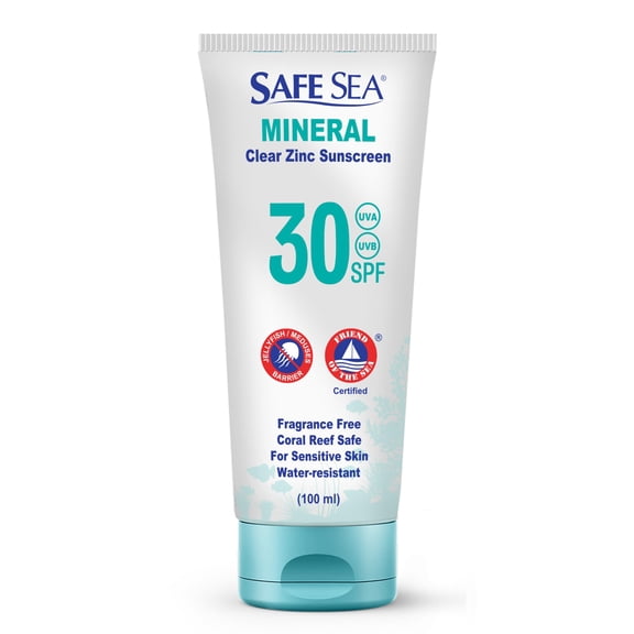 Safe Sea Mineral Zinc Oxide Sunscreen SPF 30 | Clear Reef Safe Sunscreen | Anti-Jellyfish Sting Protection | Travel Size | No White Cast | Face & Body | 3.4oz (100ml)