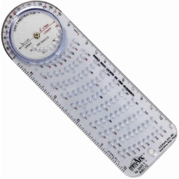 Safe-T 46110 mmArc Protractor Compass Plus, 15.8 cm Long, Clear Plastic with Bluish Hue, Semicircular Side, Rotating Disc Inset on Edge, Direct View of Vertex Points