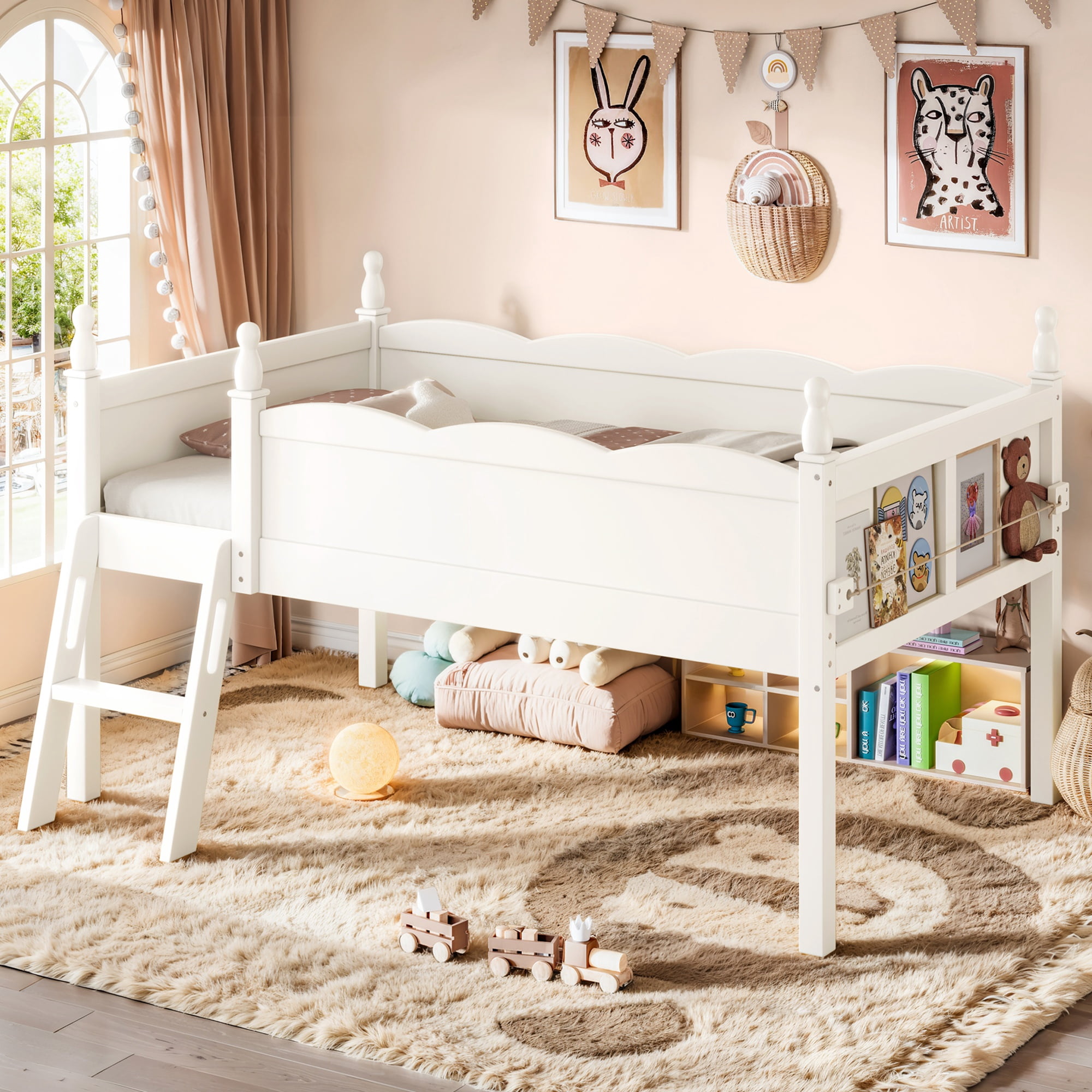 Safe Twin Size Low Loft Bed with Full-Length Guardrails and Bookshelf, Solid Wood Bed with Ladder for Kids and Teens, Beige
