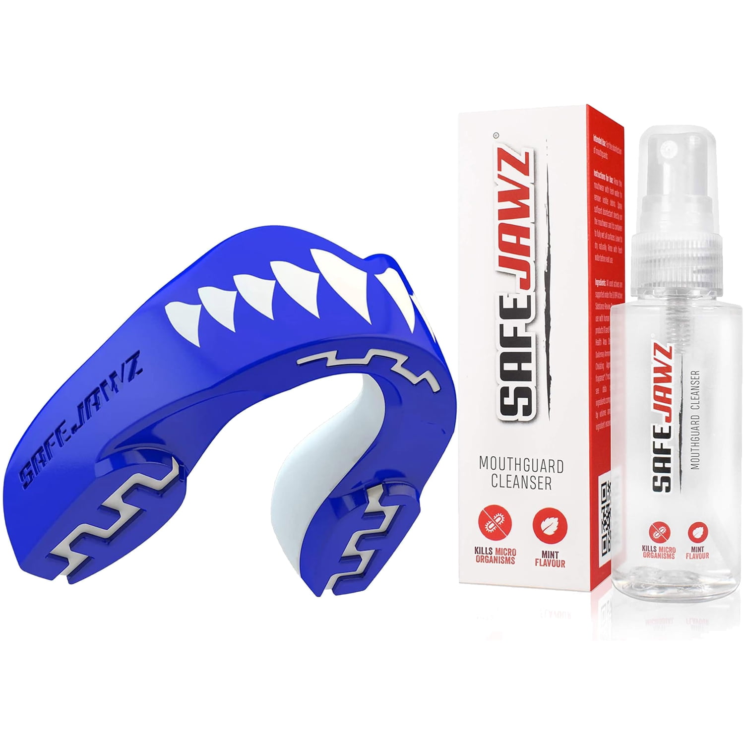 SafeJawz EXTRO Dual Layer Sports Mouth Guard with Case and Disinfectant Spray Bundle Kit for Basketball, Football, MMA, Hockey, Wrestling - Adult - Shark