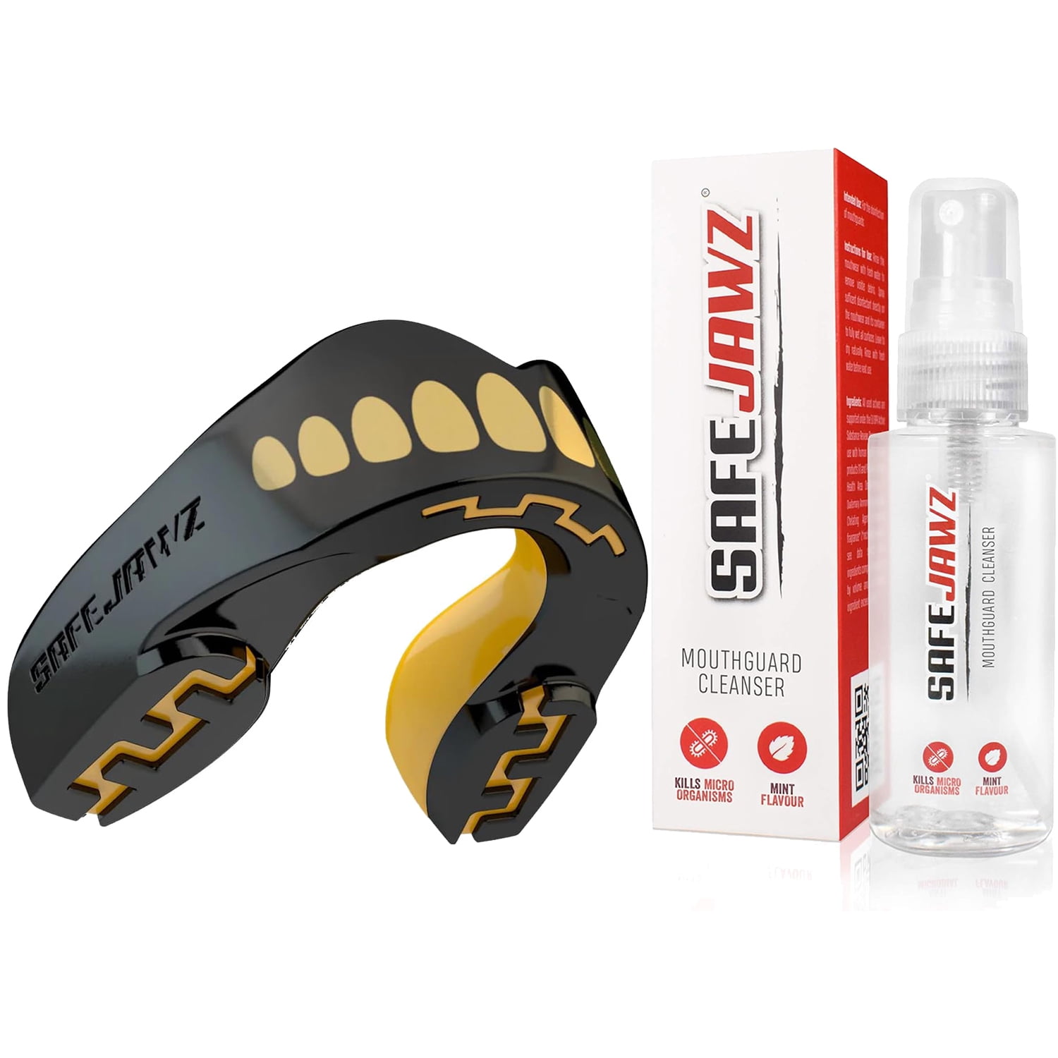SafeJawz EXTRO Dual Layer Sports Mouth Guard with Case and Disinfectant Spray Bundle Kit for Basketball, Football, MMA, Hockey, Wrestling - Junior - Goldie