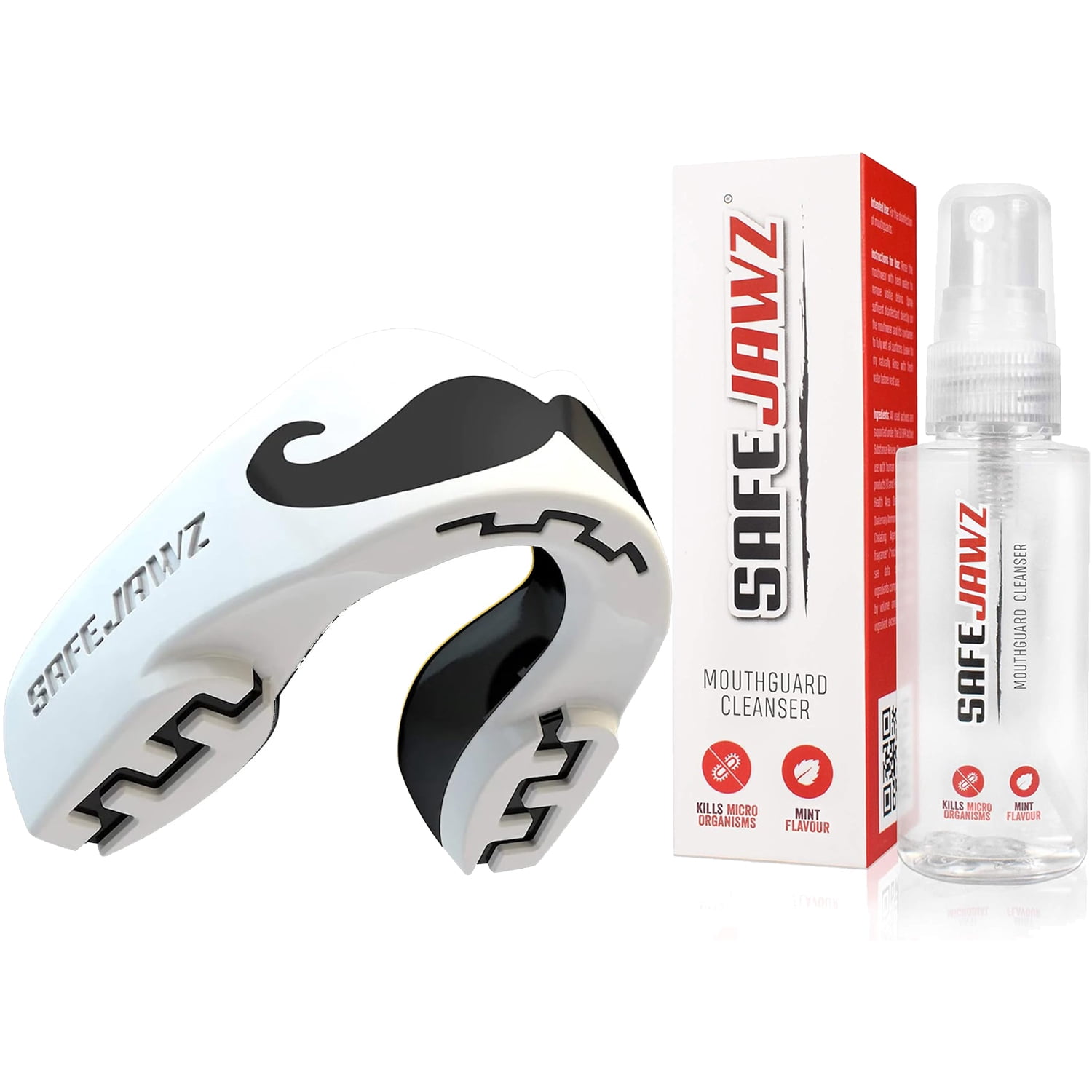 SafeJawz EXTRO Dual Layer Sports Mouth Guard with Case and Disinfectant Spray Bundle Kit for Basketball, Football, MMA, Hockey, Wrestling - Junior - Mo