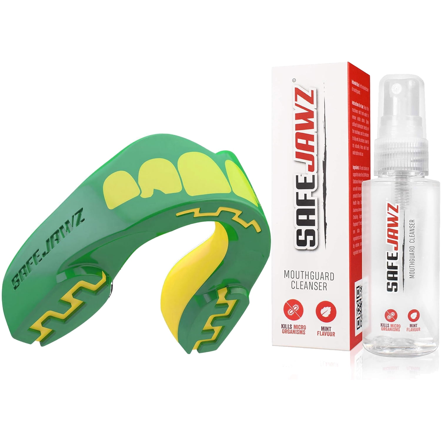 SafeJawz EXTRO Dual Layer Sports Mouth Guard with Case and Disinfectant Spray Bundle Kit for Basketball, Football, MMA, Hockey, Wrestling - Junior - Ogre