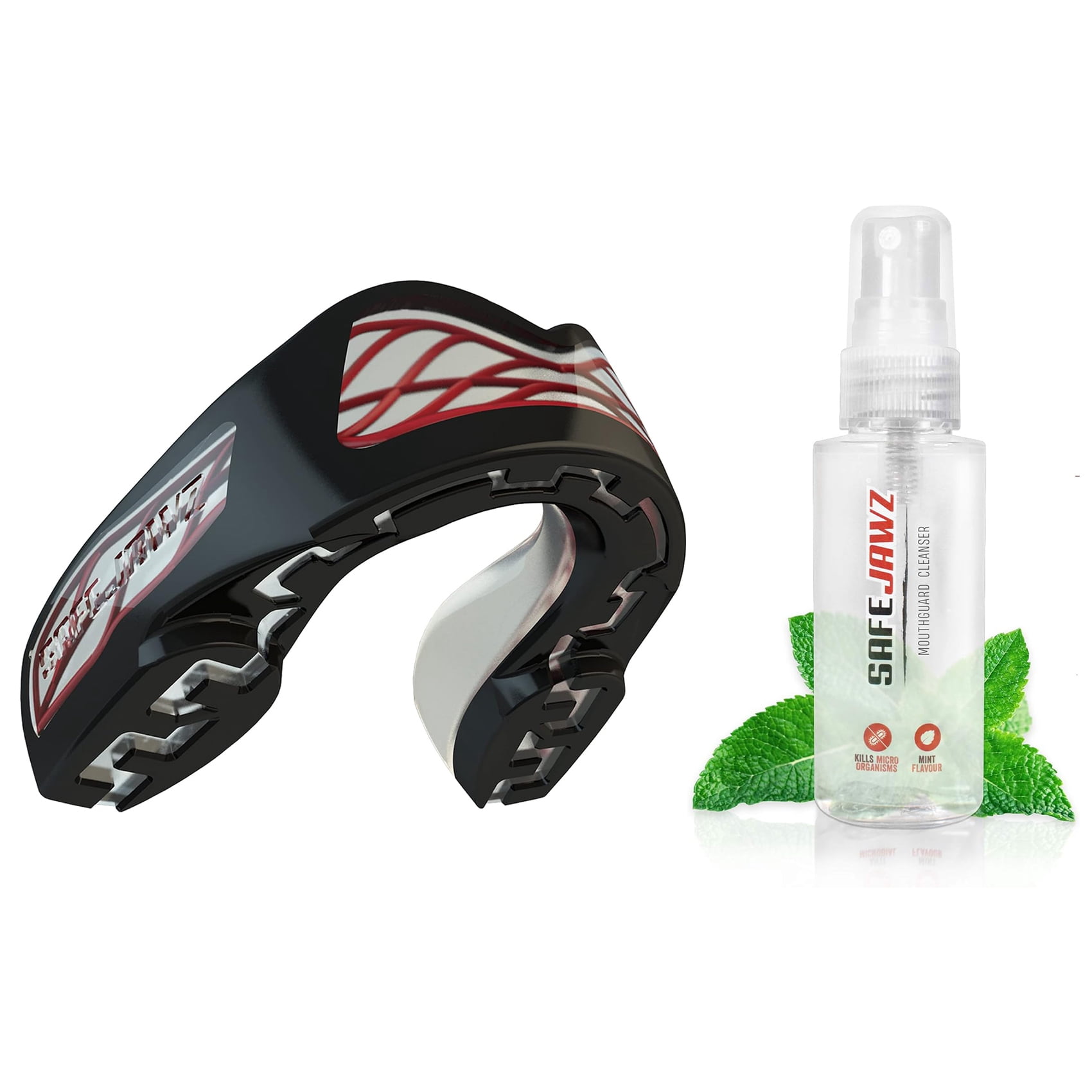 SafeJawz NITRO Triple Layer Shock Cage Sports Mouth Guard with Case and Disinfectant Spray Bundle Kit for Basketball, Football, MMA, Hockey, Wrestling - Black