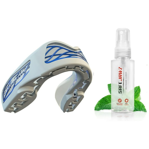 SafeJawz NITRO Triple Layer Shock Cage Sports Mouth Guard with Case and Disinfectant Spray Bundle Kit for Basketball, Football, MMA, Hockey, Wrestling - White