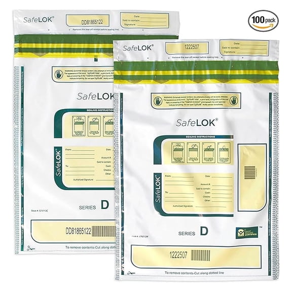 SafeLok 12" x 16", Clear, 50 Bags, Tamper-Evident Deposit Bags for Cash Handling & Valuables, Moisture, Heat and Cold Sensitive , Tear-off receipt + Large Barcodes 585093
