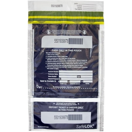 SafeLok Vertical Dual Deposit, 14"x20" Clear 50 Bags, Tamper-Evident Deposit Bags, Cash Currency Handling & Valuables, Tear-off Receipt + Large Barcodes 585096
