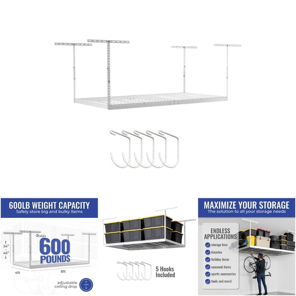 SafeRacks 4x8 Overhead Storage Rack with 5-Piece Hook Pack - White Adjustable 24-45 Inch Steel Ceiling Mount