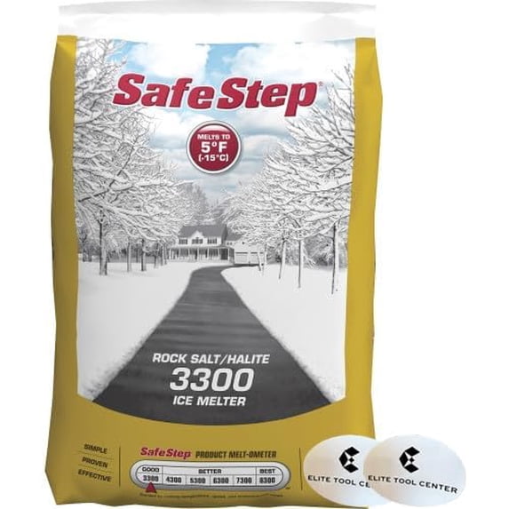 SafeStep 3300 Premium Ice & Snow Melter Rock Salt Fast Acting 50lb Bag Sodium Chloride Crystal Halite (806653) with Stickers
