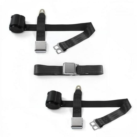 SafeTBoy 665712 Airplane 2 Point Black Retractable Bench Seat Belt Kit for Ford 1952-1954 - 3 Belts
