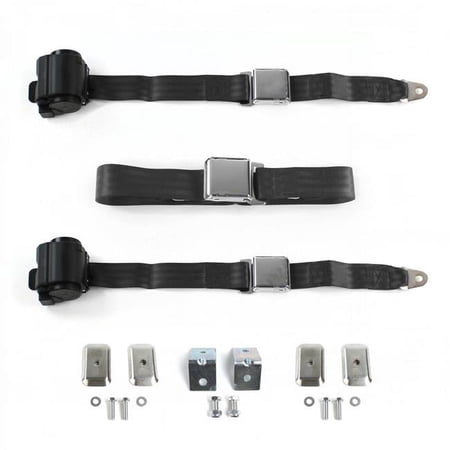 SafeTBoy 681753 Airplane 2 Point Black Retractable Bench Seat Belt Kit with Bracketry & 3 Belts for 1967-1969 Camaro