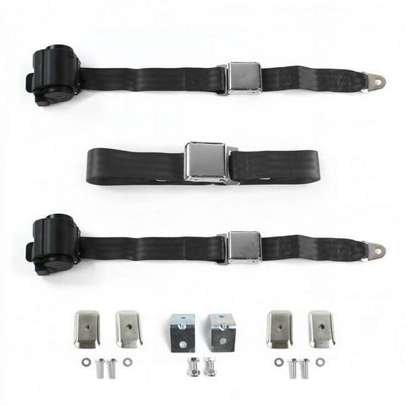 SafeTBoy 681820 Airplane 2 Point Black Retractable Bench Seat Belt Kit with Bracketry & 3 Belts for 1967-1972 Chevy Truck