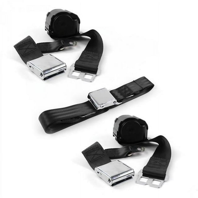 SafeTBoy  AMC Eagle 1979-1987 Airplane 2 Point Black Retractable Bench Seat Belt Kit - 3 Belts