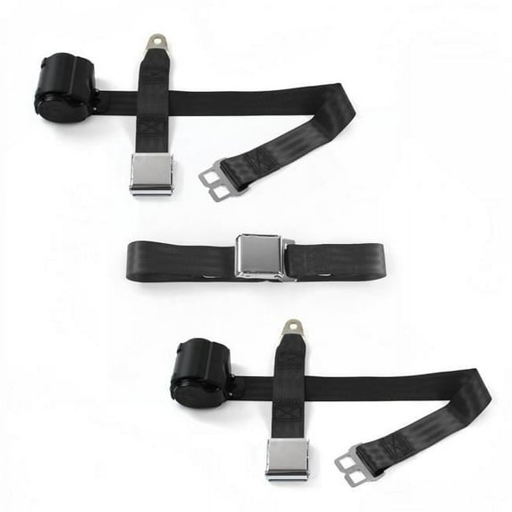 SafeTBoy Airplane 2 Point Black Retractable Bench Seat Belt Kit with 3 Belts for 1967-1976 Ford Thunderbird