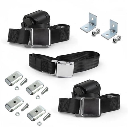 SafeTBoy Airplane 2 Point Black Retractable Bench Seat Belt Kit with Bracketry & 3 Belts for 1957-1958 Buick Roadmaster