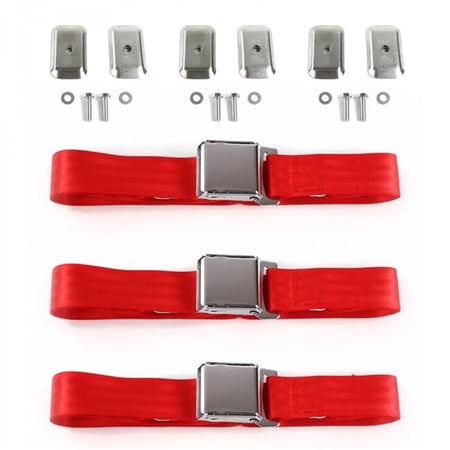 SafeTBoy Airplane 2 Point Red Lap Bench Seat Belt Kit with Bracketry for Chevy Nova 1968-1974 - 3 Belts
