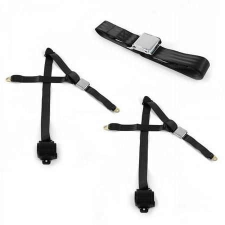 SafeTBoy Airplane 3 Point Black Retractable Bench Seat Belt Kit with 3 Belts for 1961-1967 Ford Van