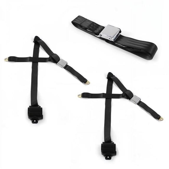 SafeTBoy Airplane 3 Point Black Retractable Bench Seat Belt Kit with 3 Belts for 1961-1967 Ford Van