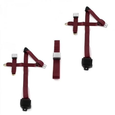 SafeTBoy Airplane 3 Point Burgundy Retractable Bench Seat Belt Kit for Ford Truck 1953-1956 - 3 Belts