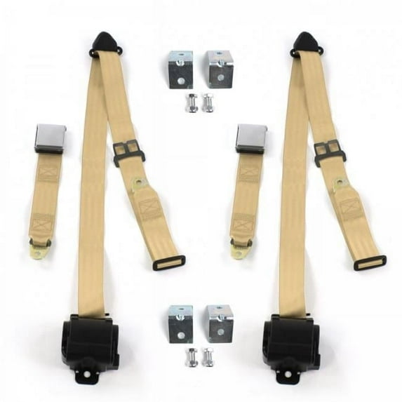 SafeTBoy Airplane 3 Point Tan Retractable Bucket Seat Belt Kit with Bracketry for Jeep CJ & DJ 1953-1970 - 2 Belts