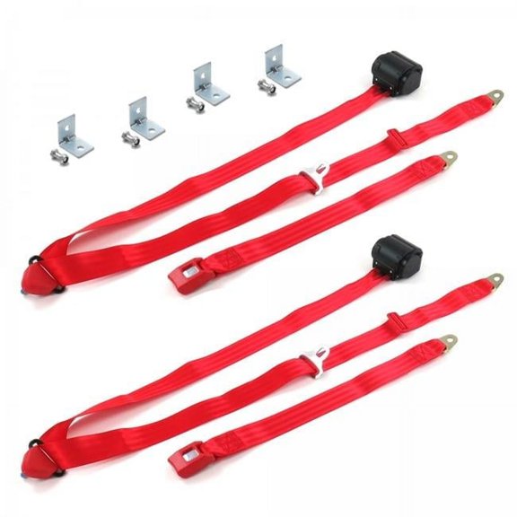 SafeTBoy Standard 3 Point Red Retractable Bucket Seat Belt Kit with Bracketry for Desoto 1929-1945 - 2 Belts