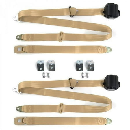 SafeTBoy Standard 3 Point Tan Retractable Bucket Seat Belt Kit with Bracketry & 2 Belts for 1964-1967 Chevy Chevelle