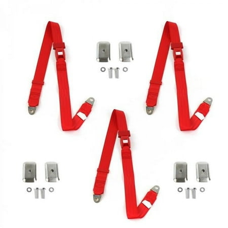 SafeTboy 676864 Standard 2 Point Red Lap Bench Seat Belt Kit with Bracketry for 1964-1967 Chevy Chevelle - 3 Belts