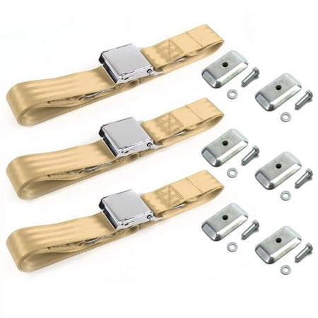 SafeTboy 678427 Airplane 2 Point Tan Lap Bench Seat Belt Kit with Bracketry for 1942-1947 Ford Truck - 3 Belts