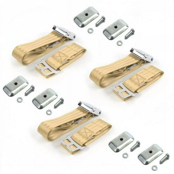 SafeTboy 678516 Airplane 2 Point Tan Lap Bench Seat Belt Kit with Bracketry for 1966-1967 Ford Fairlane - 3 Belts