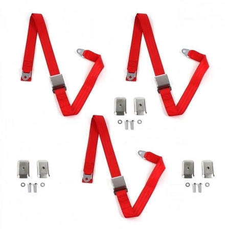 SafeTboy 678705 Airplane 2 Point Red Lap Bench Seat Belt Kit with Bracketry for 1971-1986 Jeep CJ & DJ - 3 Belts