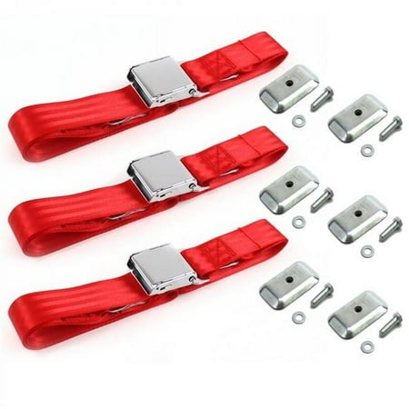 SafeTboy 678802 Airplane 2 Point Red Lap Bench Seat Belt Kit with Bracketry for 1955-1959 Chevy Truck - 3 Belts