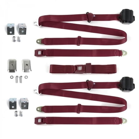 SafeTboy 684908 Standard 3 Point Burgundy Retractable Bench Seat Belt Kit with Bracketry for 1965-1970 Chevy Impala - 3 Belts