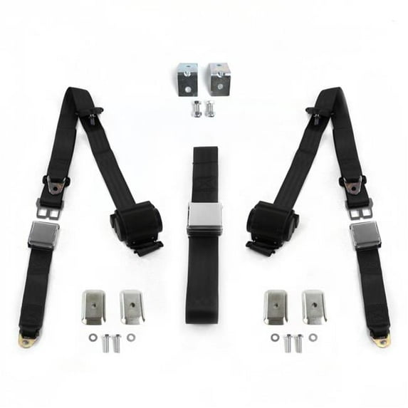 SafeTboy 685076 Ford Van 1961-1967 Airplane 3 Point Black Retractable Bench Seat Belt Kit with Bracketry - 3 Belts
