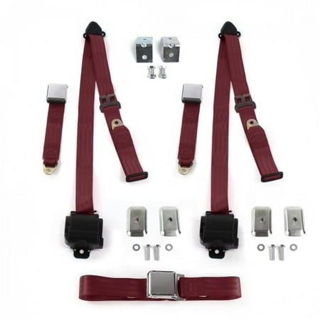 SafeTboy 686440 Airplane 3 Point Burgundy Retractable Bench Seat Belt Kit with Bracketry for 1964-1969 Ford GT40 - 3 Belts