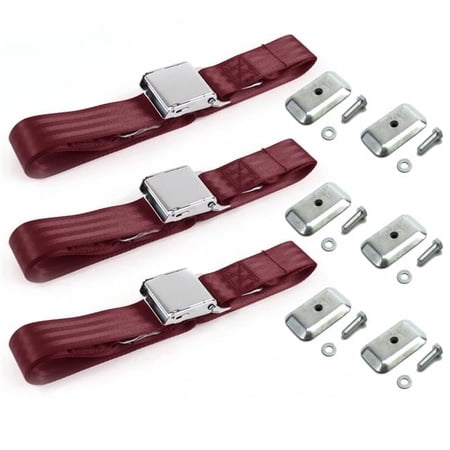 SafeTboy Airplane 2 Point Burgundy Lap Bench Seat Belt Kit with Bracketry for 1977-1979 Ford Thunderbird - 3 Belts