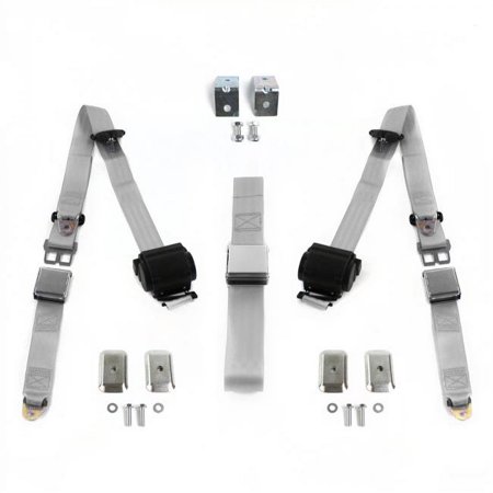 SafeTboy Airplane 3 Point Gray Retractable Bench Seat Belt Kit with Bracketry for 1971-1976 Chevy Impala - 3 Belts