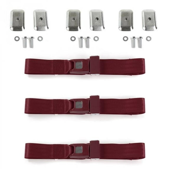SafeTboy Chevy Impala 1965-1970 Standard 2 Point Burgandy Lap Bench Seat Belt Kit with Bracketry - 3 Belts
