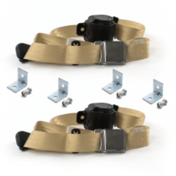 SafeTboy Chevy Truck 1947-1954 Airplane 3 Point Tan Retractable Bucket Seat Belt Kit with Bracketry - 2 Belts