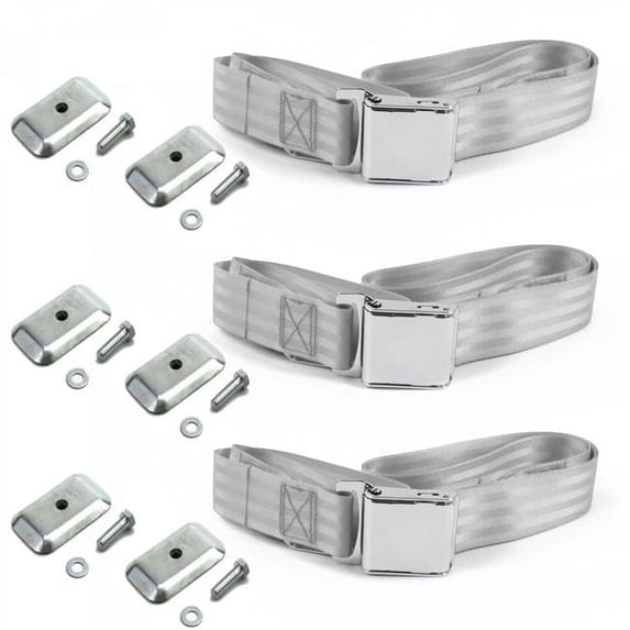 SafeTboy Chevy Truck 1973-1987 Airplane 2 Point Gray & Grey Lap Bench Seat Belt Kit with Bracketry - 3 Belts