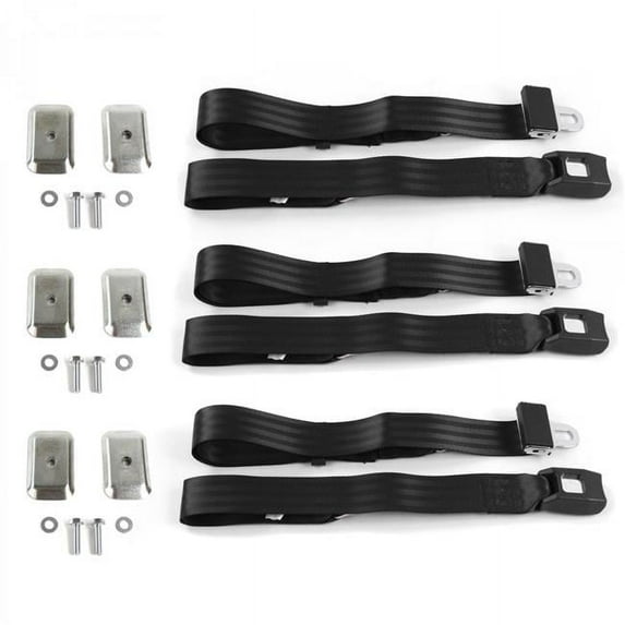 SafeTboy Desoto 1929-1945 Standard 2 Point Black Lap Bench Seat Belt Kit with Bracketry - 3 Belts