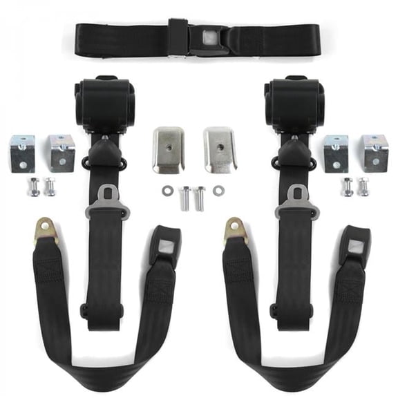 SafeTboy Desoto 1929-1945 Standard 3 Point Black Retractable Bench Seat Belt Kit with Bracketry - 3 Belts