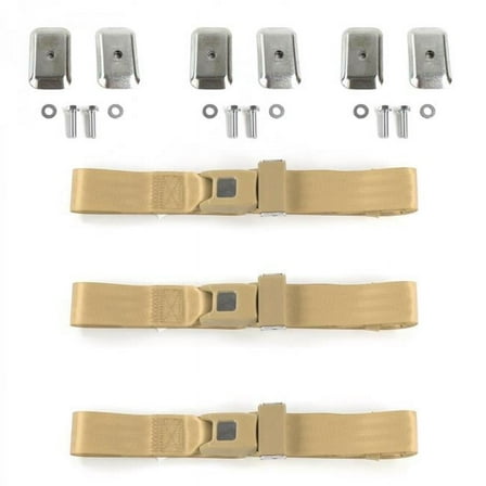 SafeTboy  Ford 1928-1931 Model A Standard 2 Point Tan Lap Bench Seat Belt Kit with Bracketry - 3 Belts