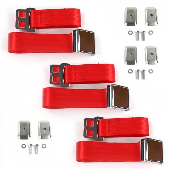 SafeTboy  Jeep Wrangler 1987-1996 Airplane 2 Point Red Lap Bench Seat Belt Kit with Bracketry - 3 Belts