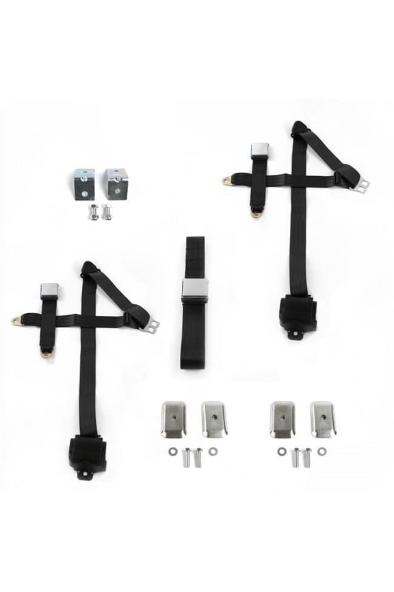 Nash Rambler 1950-1954 Airplane 3 Point Black Retractable Bench Seat Belt Kit with Bracketry - 3 Belts